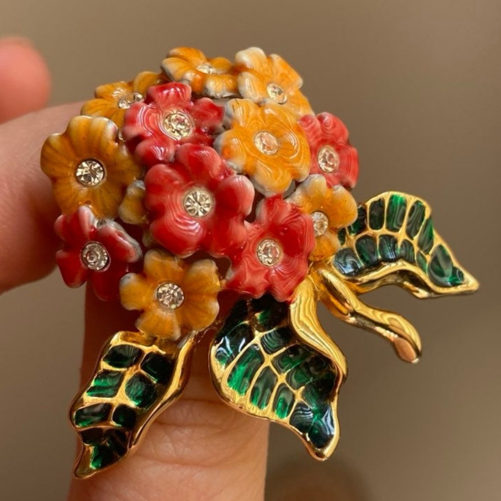 JOAN RIVERS Enamel Floral Rhinestone Brooch - Picture 2 of 5
